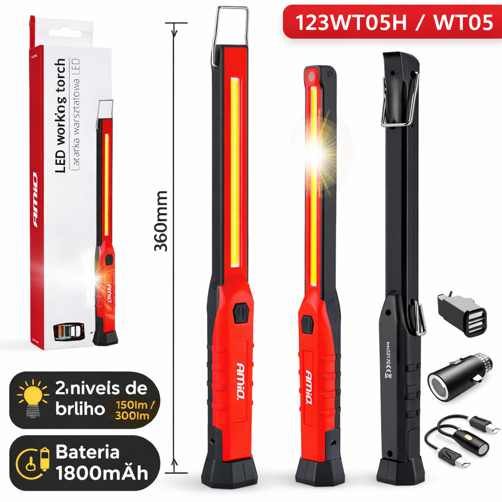 Lâmpada COB para oficina, 150/300 lúmens, 1800 mAh, montagem com 1 ímã e ganchos.