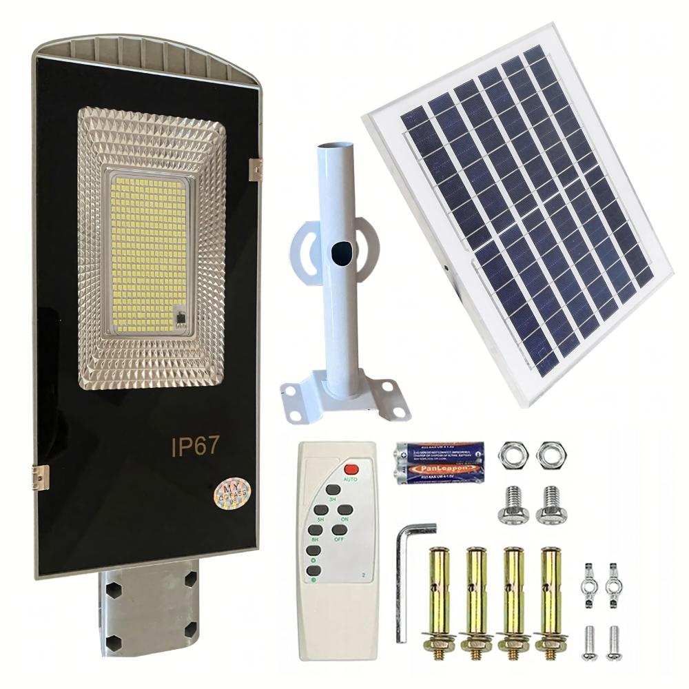 Luminária solar de jardim com poste, potente, 50W, painel de LEDs para iluminação pública.