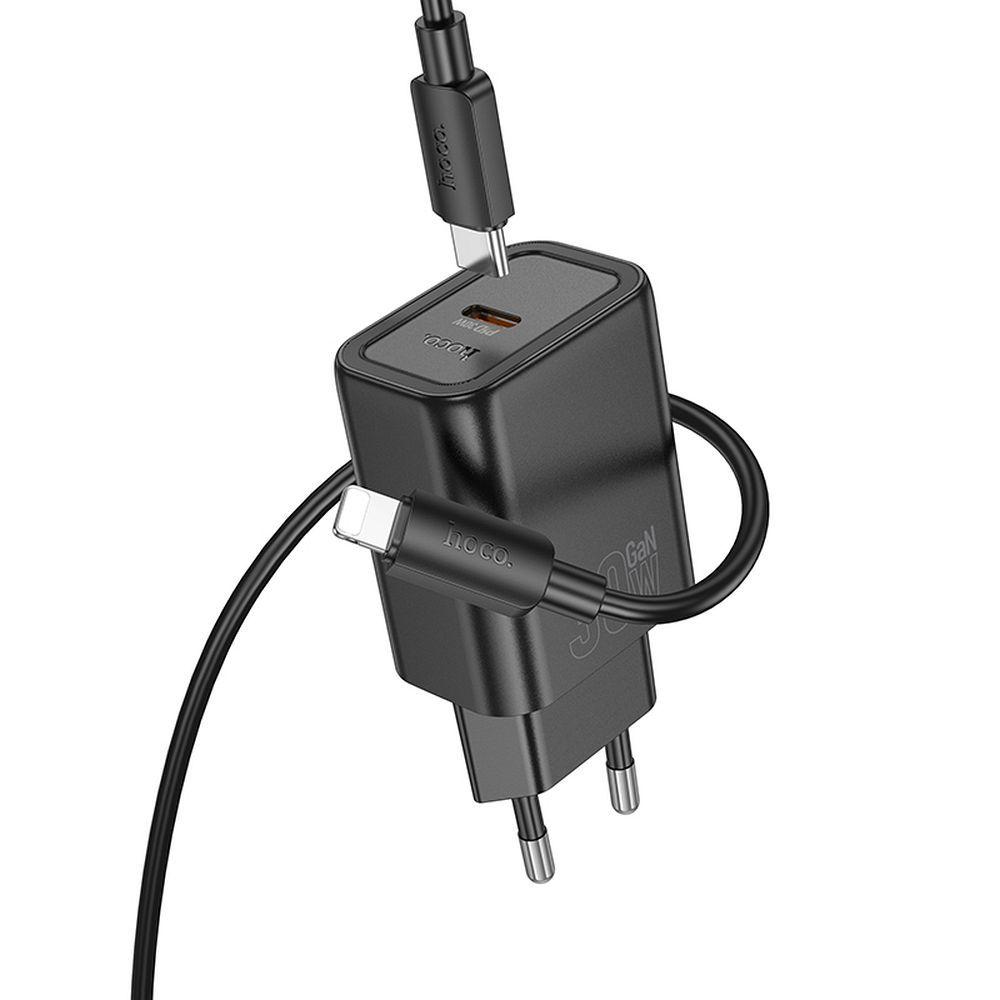 Adaptador USB C QC PD 30W + cabo USB C para Lightning - Hoco N62 - Preto