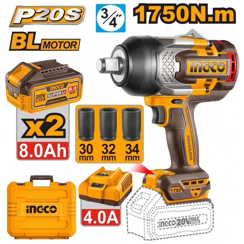Chave De Impacto 20V brushless 1750Nm + 2 Bat 8A + Carregador + Mala CIWLI20175E IngCo