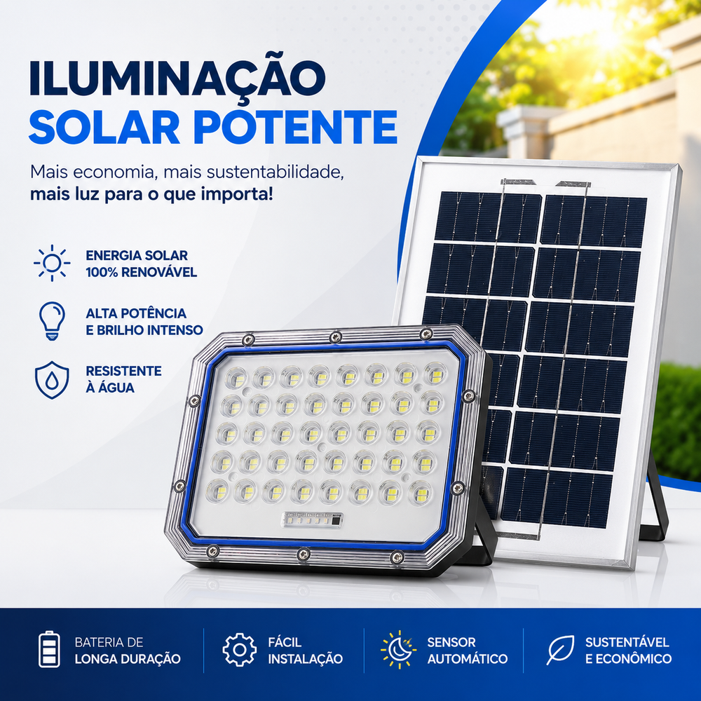 Refletor solar LED Jortan 500W  50W com controle e painel.