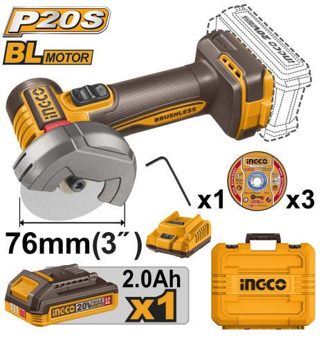 Esmerilhadeira Angular Mini Sem Fio INGCO 20V (76mm) – Conjunto com Motor Brushless, Bateria 2.0 Ah e Carregador