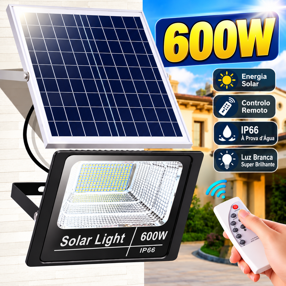 Foco Solar 600W Com Painel Solar e Comando