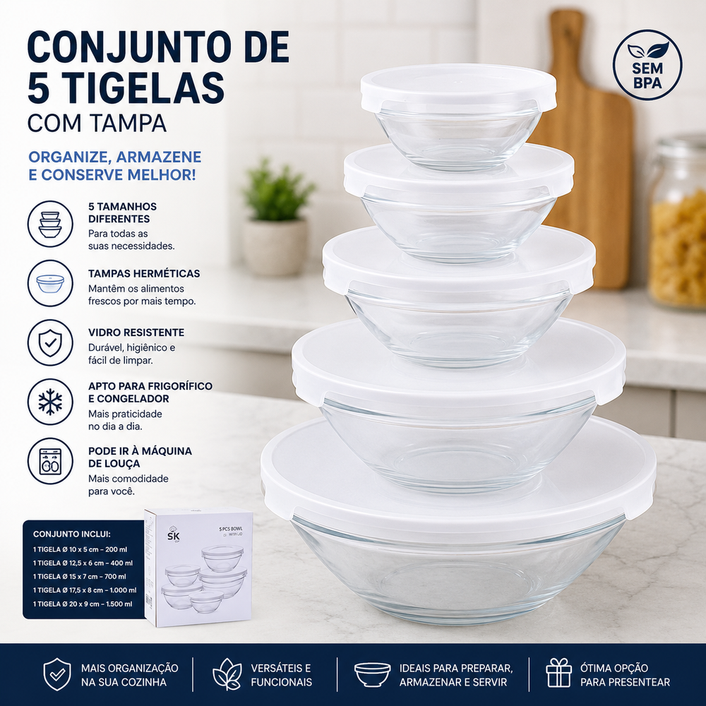 Conjunto de 5 Tigelas de Vidro com Tampa