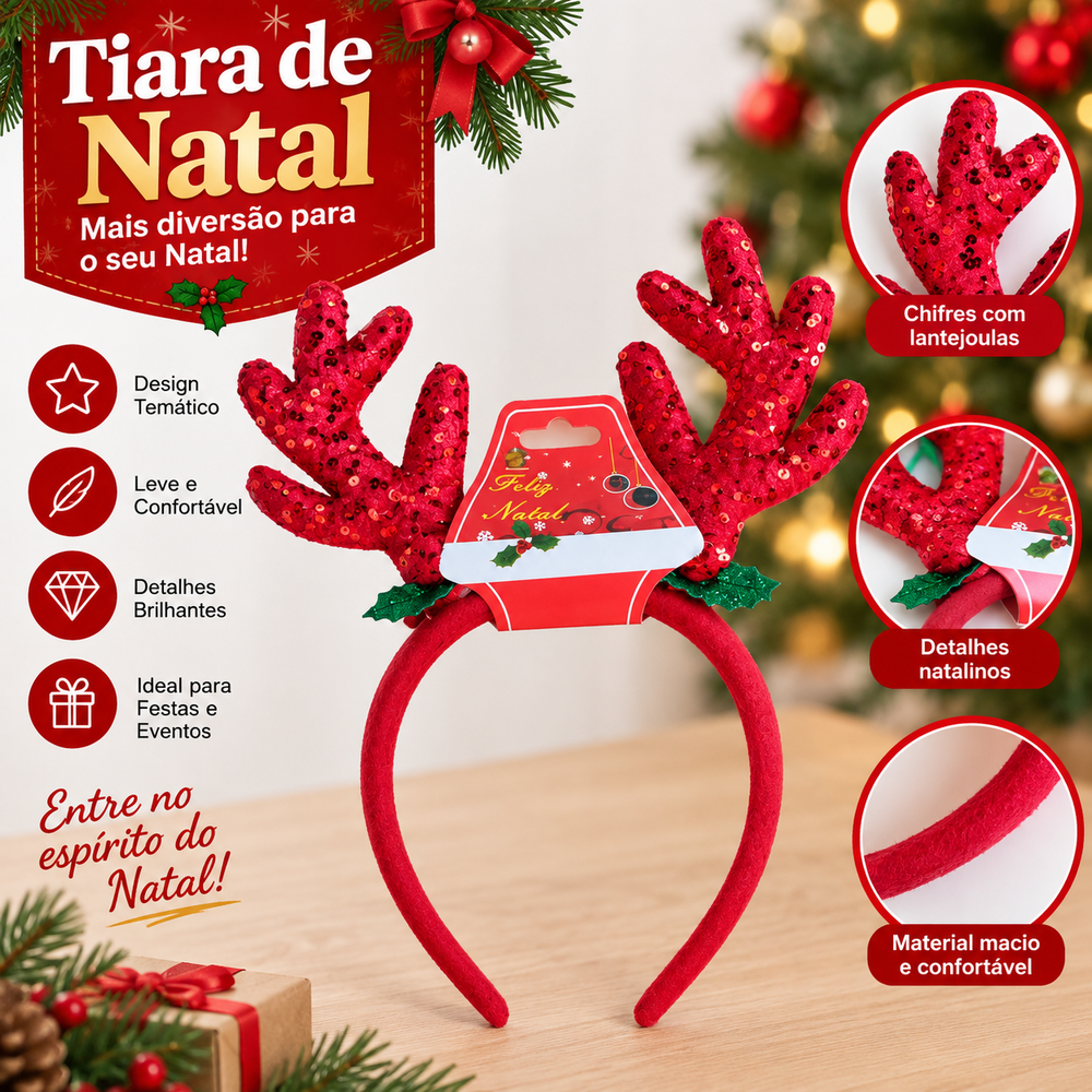 Tiara de Natal com Chifres de Rena e Lantejoulas