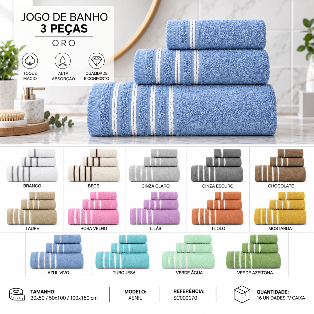 Jogo de Banho 3 Peças – Toalhas de Banho e Rosto ORO
