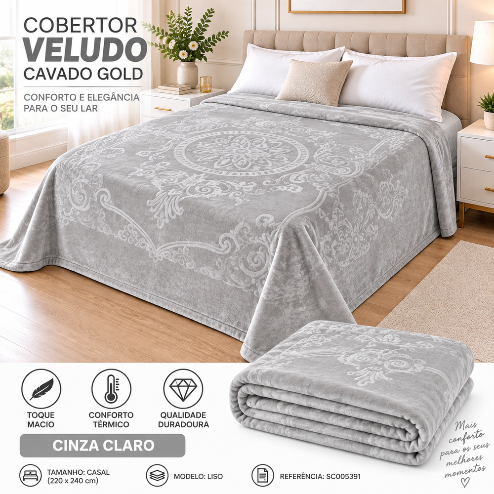 Cobertor Veludo Cavado Gold – 220 x 240 cm — COR: Cinza Claro