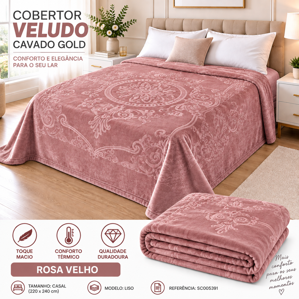 Cobertor Veludo Cavado Gold – 220 x 240 cm — COR: Rosa Velho