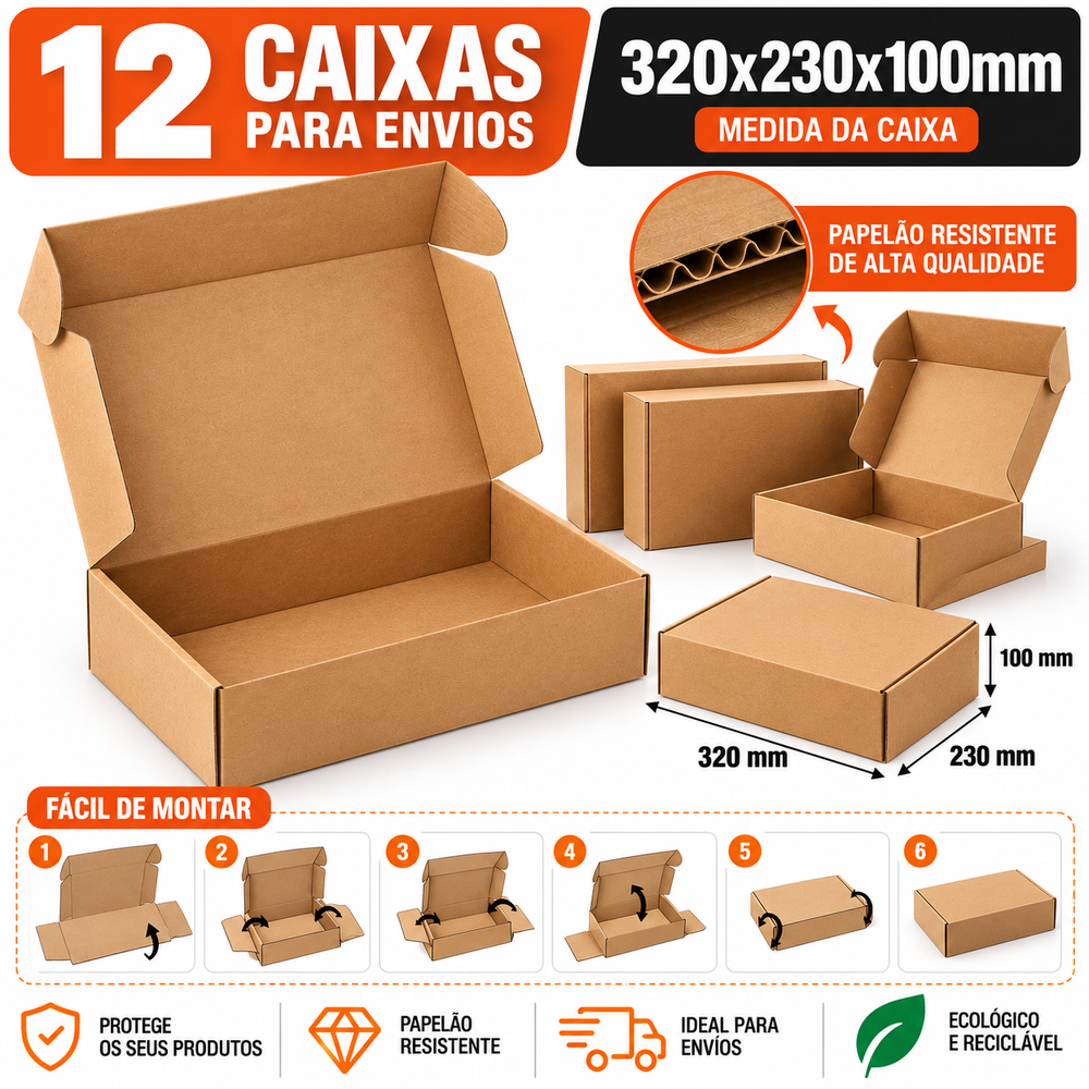 Pack 12 Caixas de Cartão para Envio 320 × 230 × 100 mm