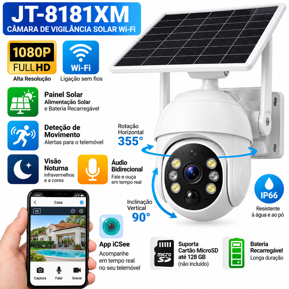 Câmara de Vigilância Solar Wi-Fi Full HD JT-8181XM – Visão Noturna e Deteção de Movimento