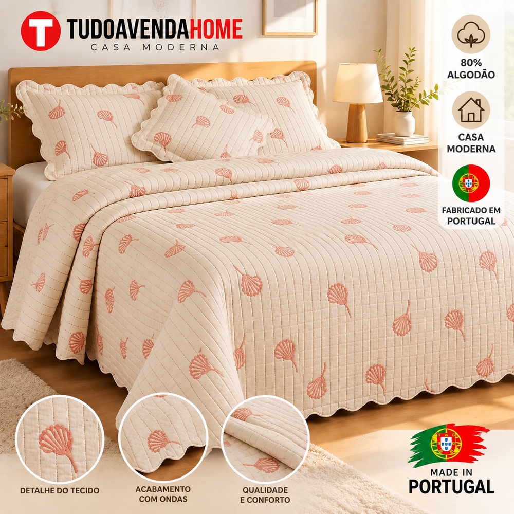 Colcha Decorativa TDVHOME002 240x260 cm – Elegância Floral em Tons Coral | Fabricada em Portugal