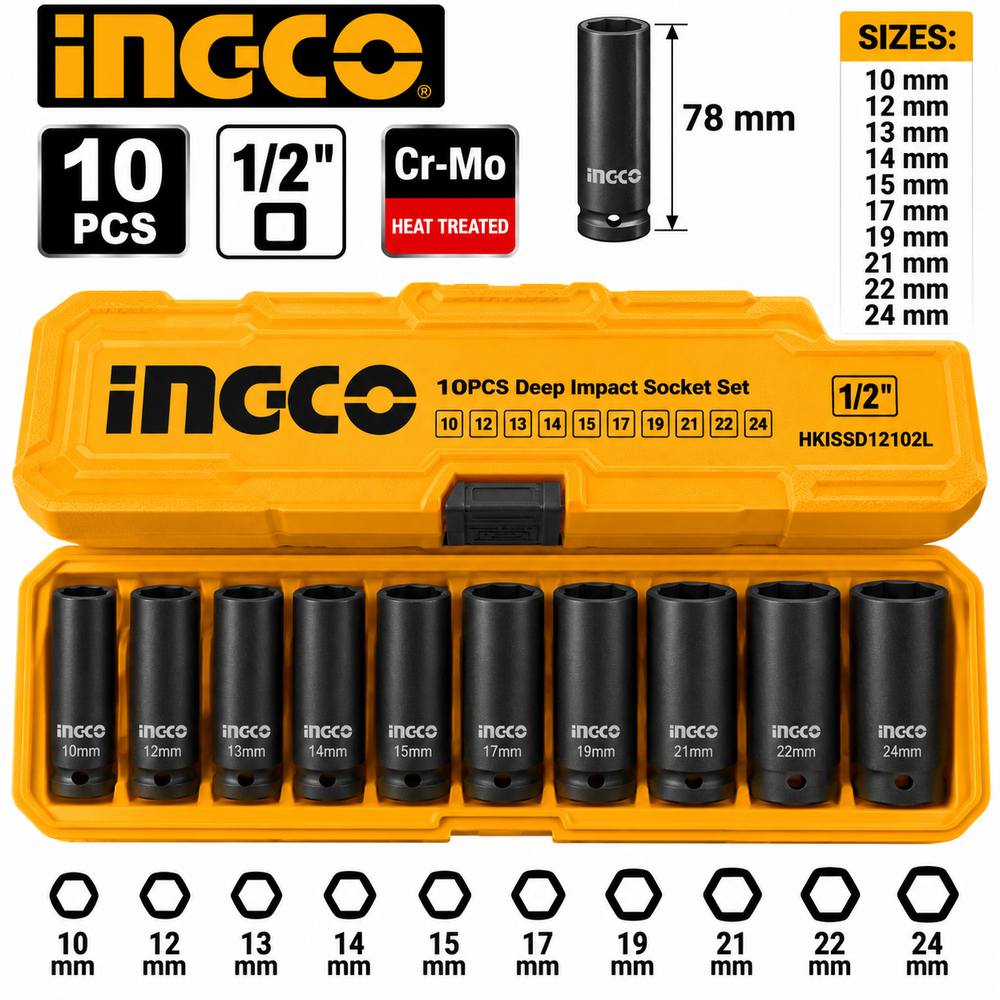 Jogo de 10 Soquetes de Impacto Longos INGCO 1/2" – HKISSD12102L