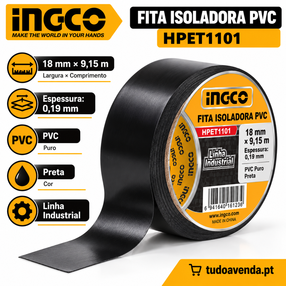 Fita Isoladora PVC Preta INGCO HPET1101 – 18 mm x 9,15 m