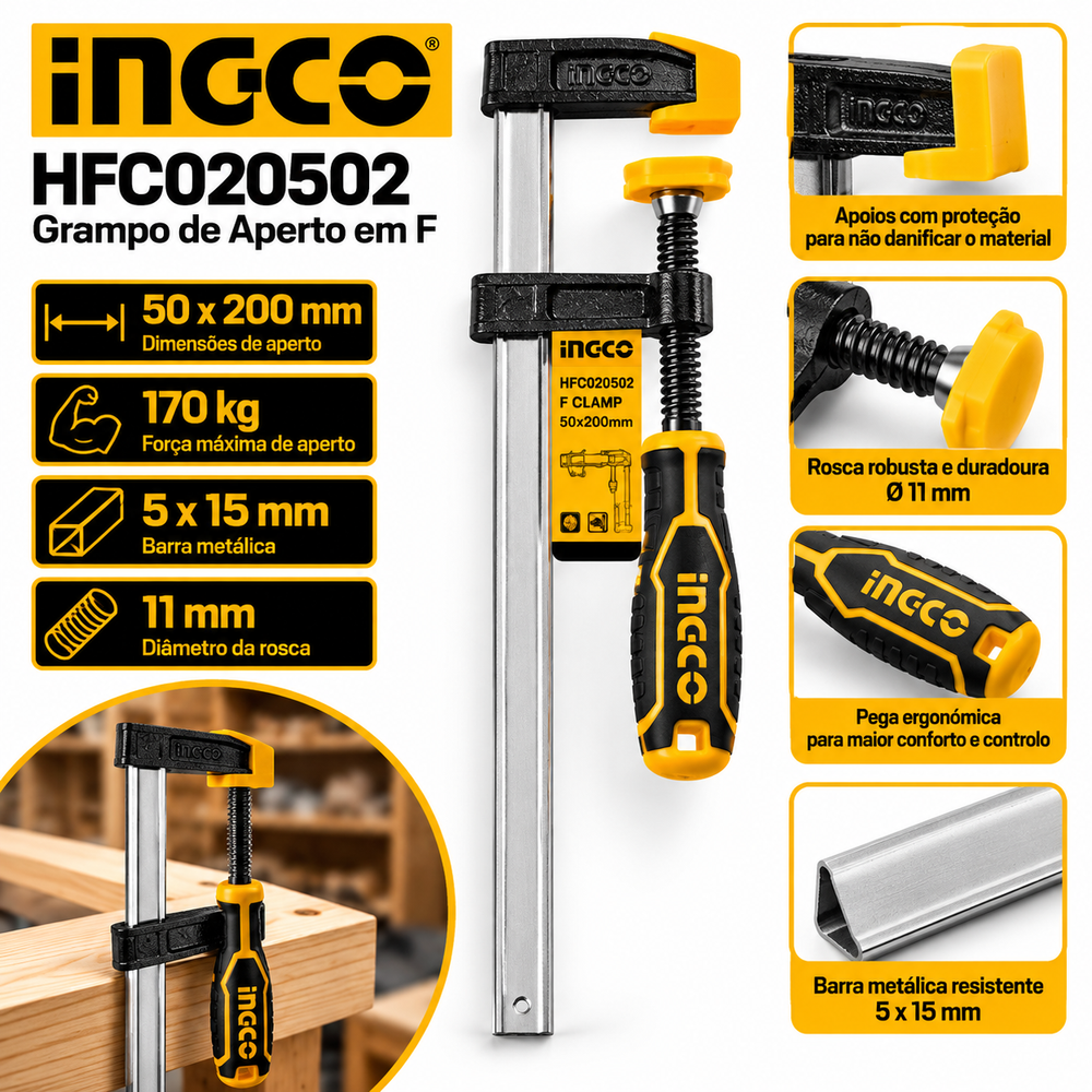 Grampo de Aperto em F 50 × 200 mm - INGCO HFC020502