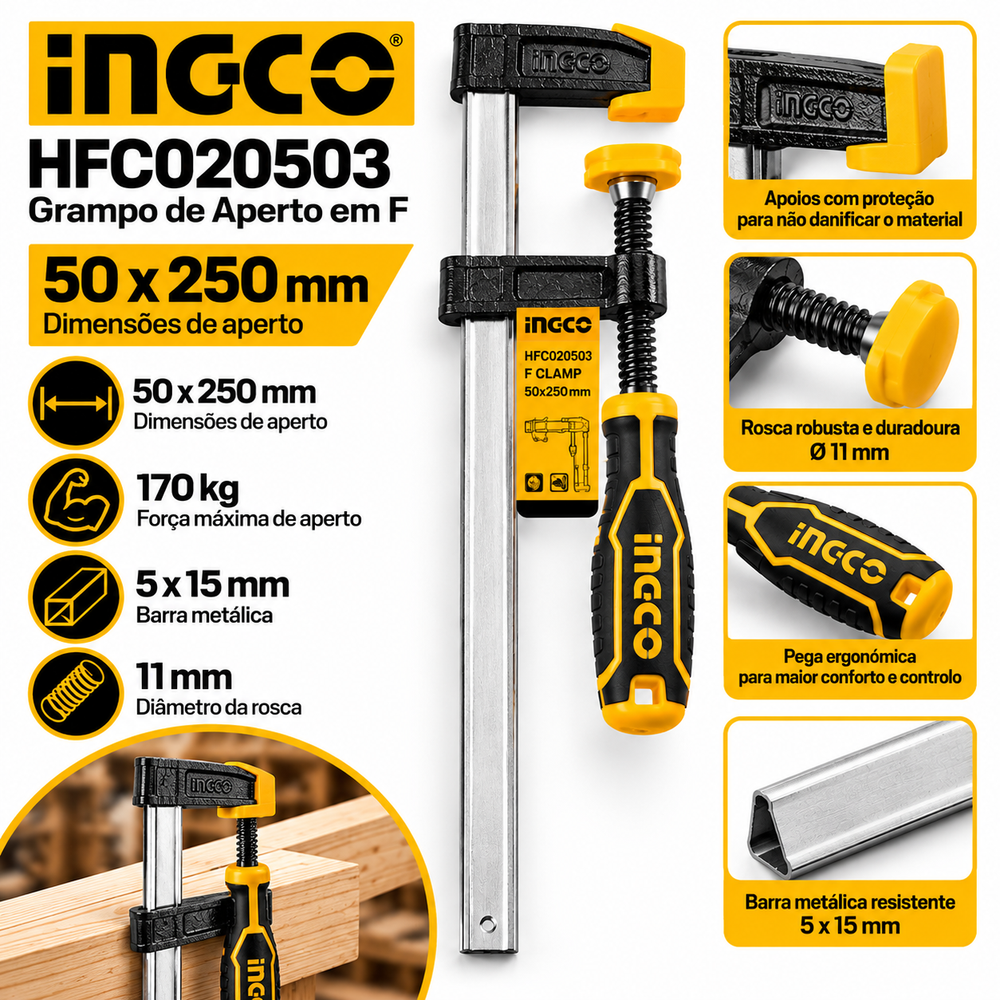 Grampo de Aperto em F 50 × 250 mm - INGCO HFC020503
