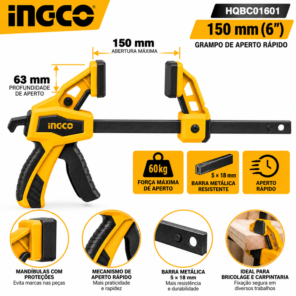 Grampo de Aperto Rápido INGCO 150 mm – HQBC01601