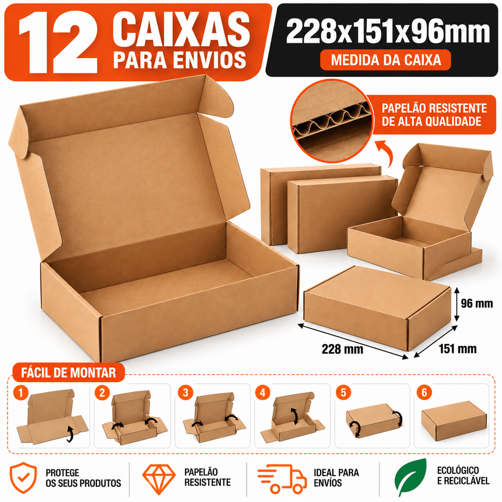 Pack 12 Caixas de Cartão para Envio 228 × 151 × 96 mm