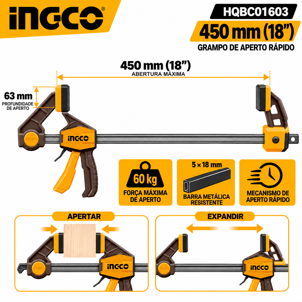 Grampo de Aperto Rápido INGCO 450 mm – HQBC01603