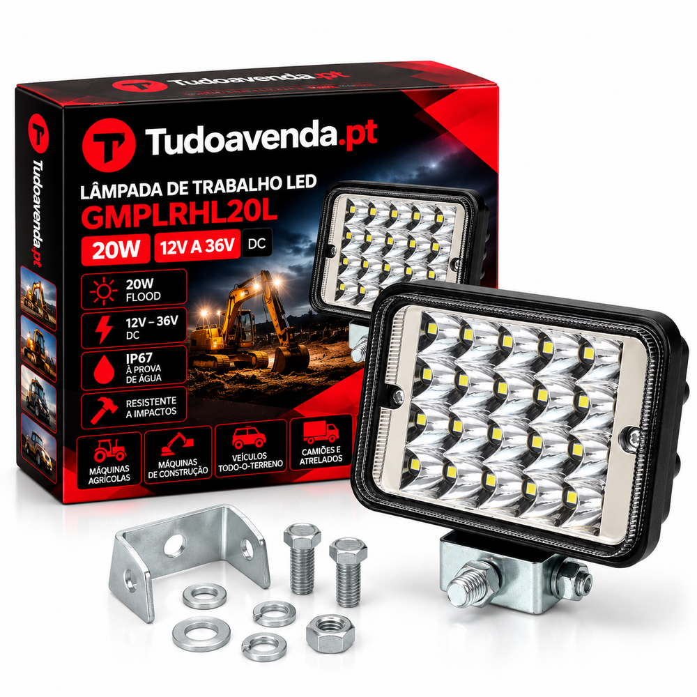 Lâmpada de Trabalho LED GMPLRHL20L – 20W, 12–36V, FLOOD