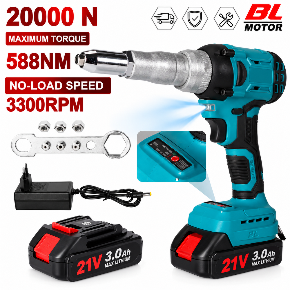 Rebitadora Elétrica sem Fios 21V – Motor Brushless, 20000 N, 1 Bateria 3.0Ah