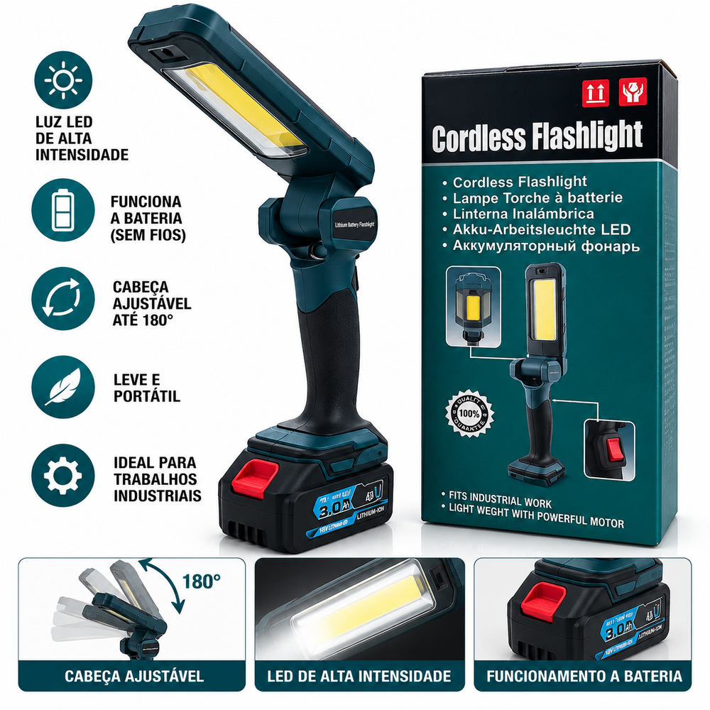 Lanterna LED de Trabalho Sem Fios com Cabeça Ajustável