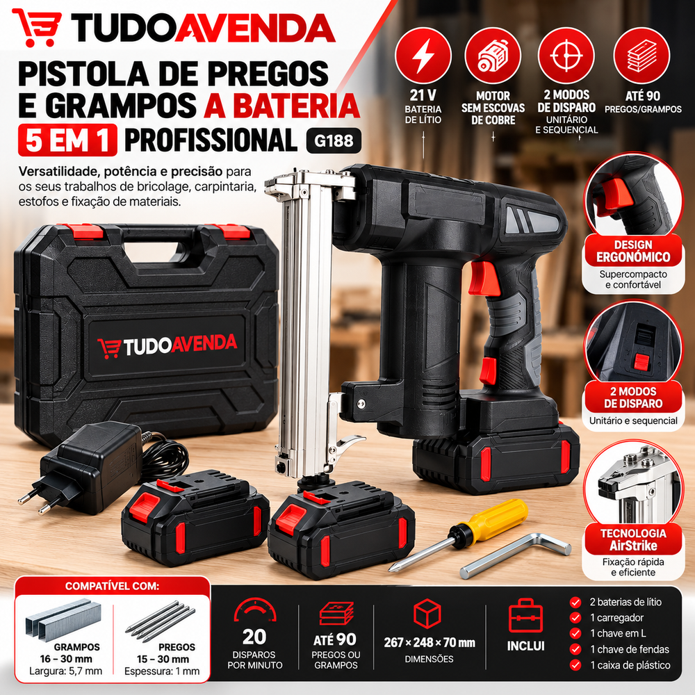 Pistola de Pregos e Grampos a Bateria 5 em 1 Profissional 21 V – G188