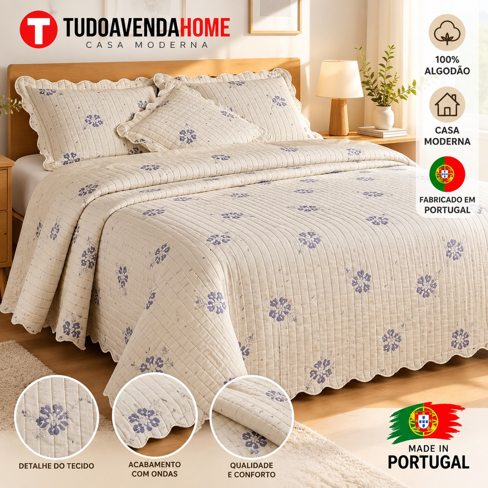 Colcha Decorativa TDVHOME001 240x260 cm – Elegância Floral em Tons Azul | Fabricada em Portugal